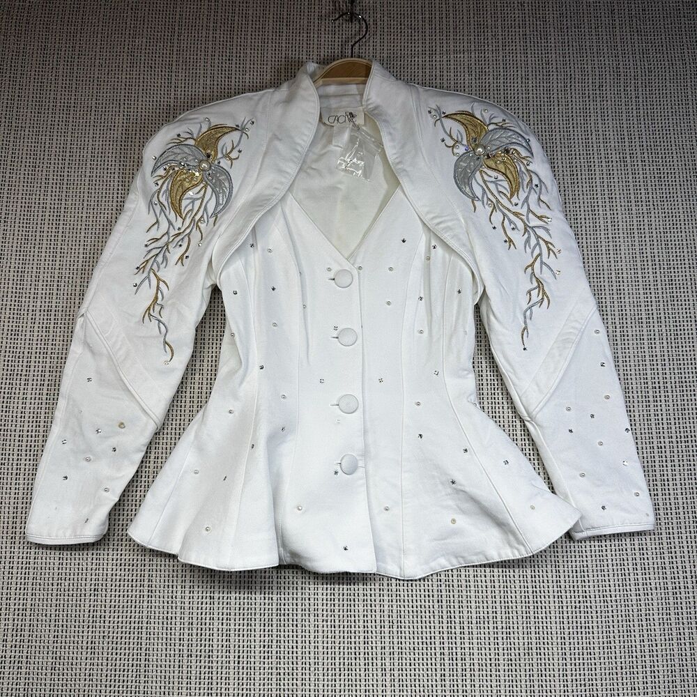 Vintage 90s Cache White Embroidered Rhinestone Pearl Jacket Top Y2K